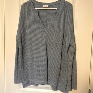 Blue Long Sleeve Waffle Knit Top from PINK LILY / V-Neck /  Size XL
